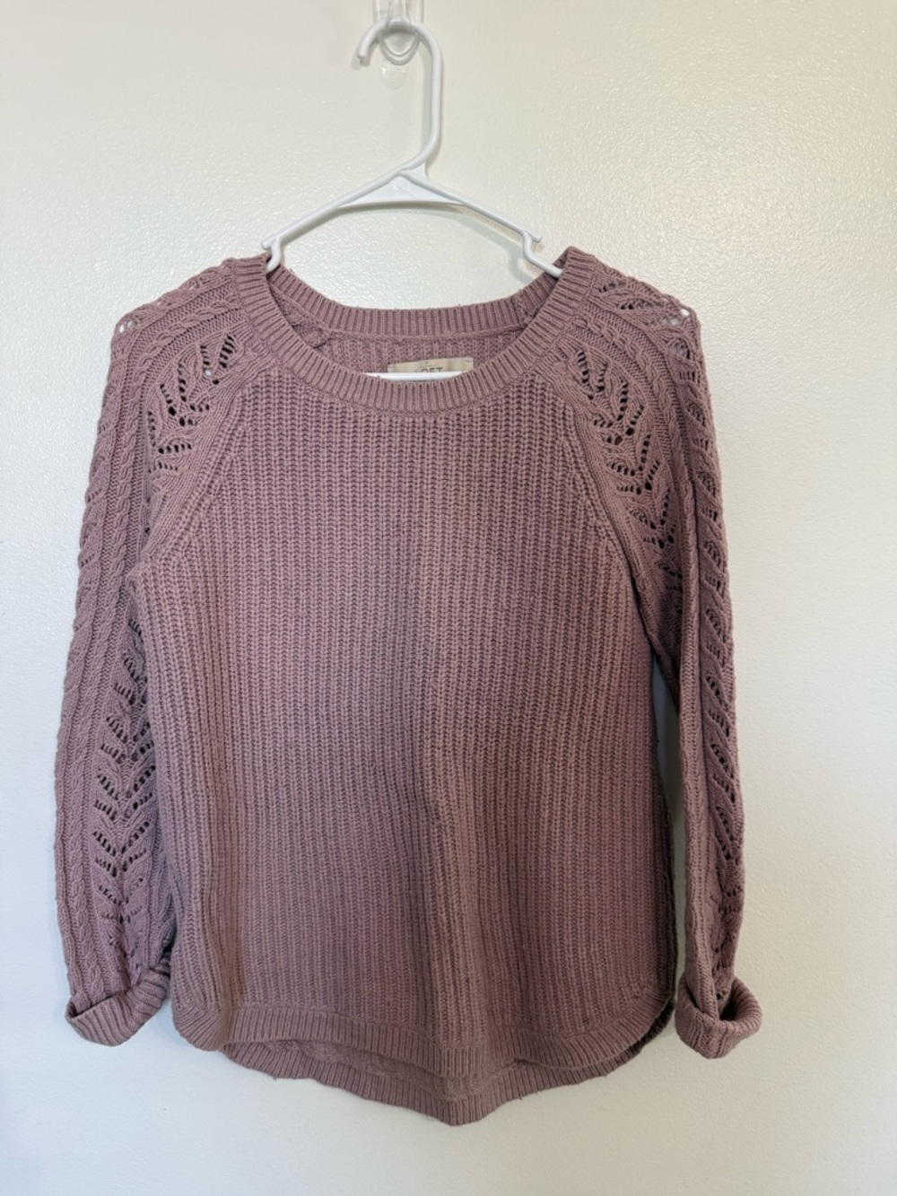 LOFT Mauve Knit Crewneck Sweater with Eyelet Sleeve Detail